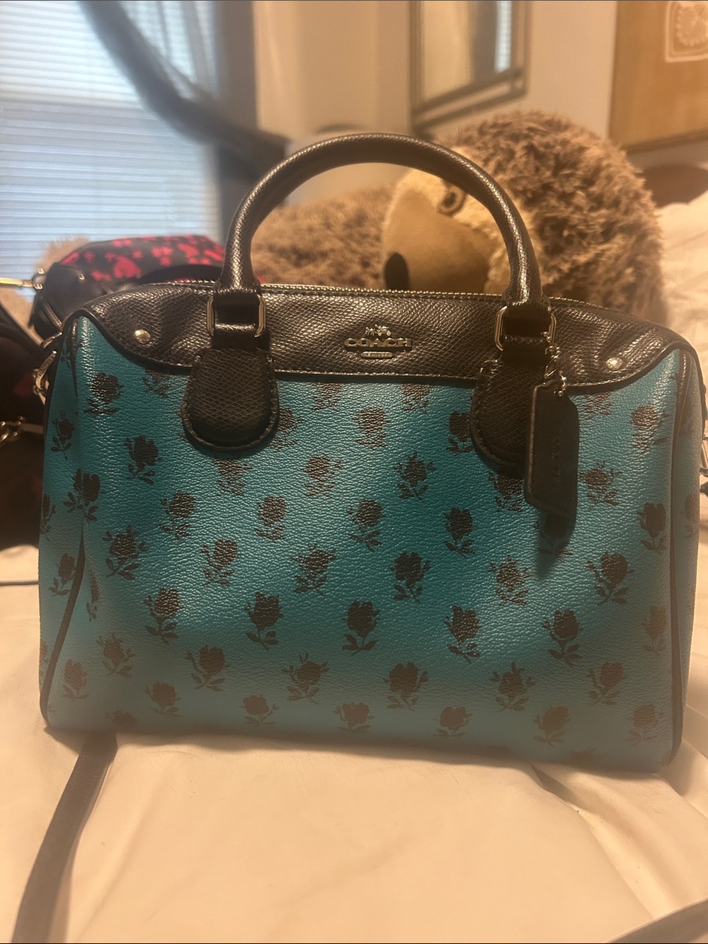 Coach Teal Satchel with Black Rose Print